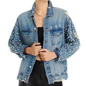 Women's Blue Pearl Embellished Jean Jacket